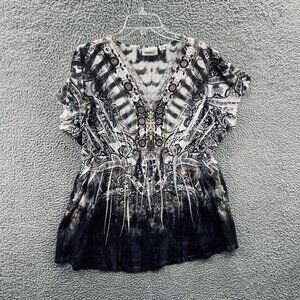 Avenue Women Tunic Top 18/20 Gray White Embellished‎ Short Sleeve Pullover Shirt